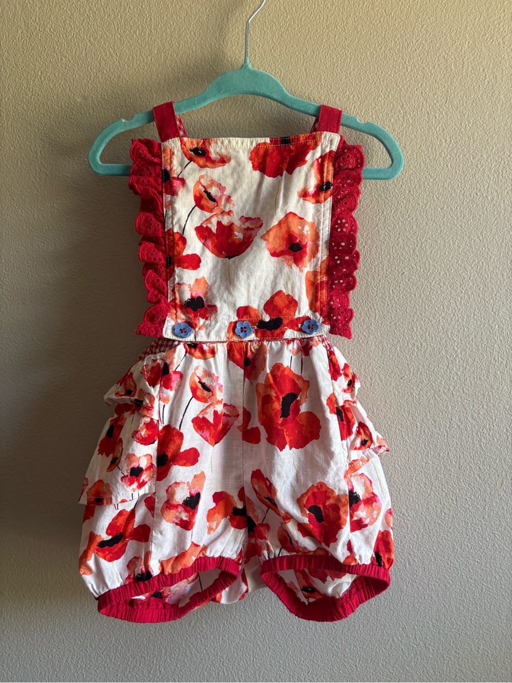 Matilda Jane Red and White Floral Poppy Bubble Romper with Lace Straps